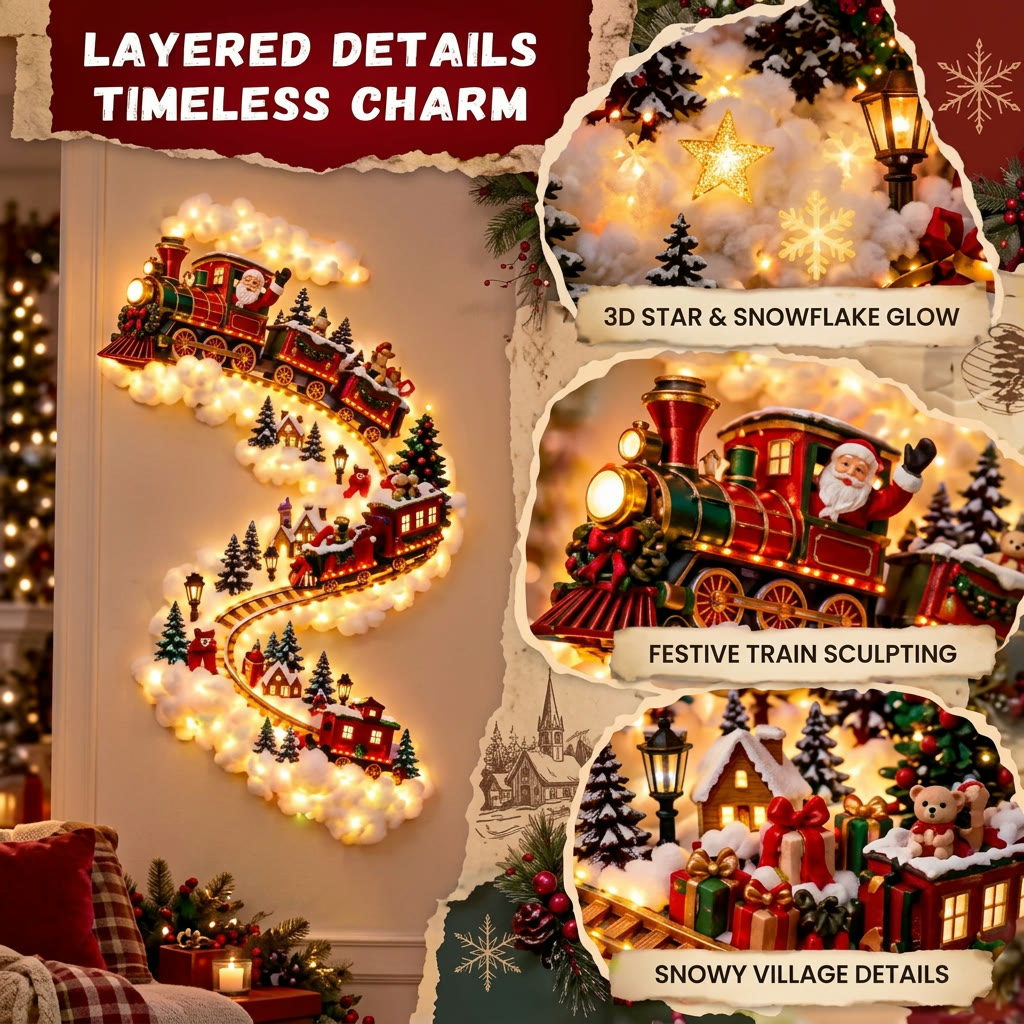Close-up of the layered train details, 3D star and snowflakes