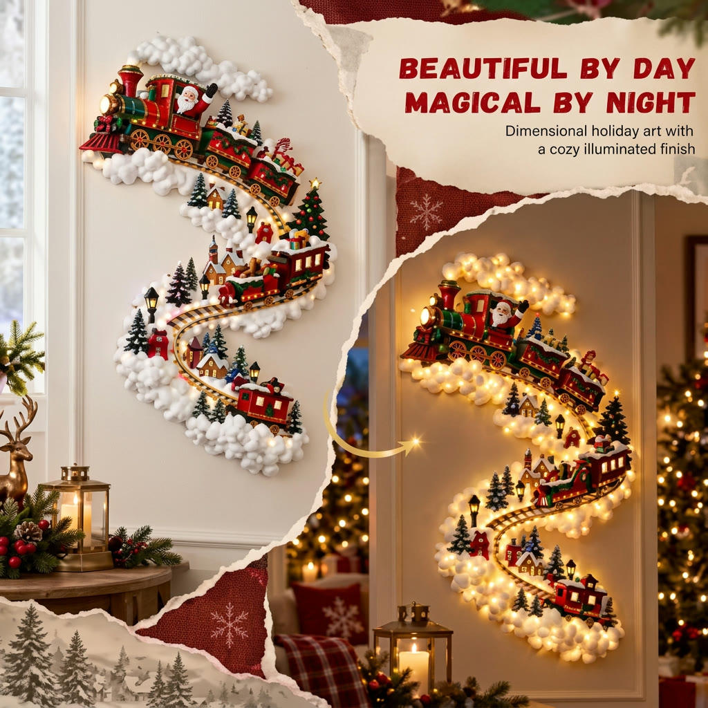 Christmas train wall light by day and glowing at night