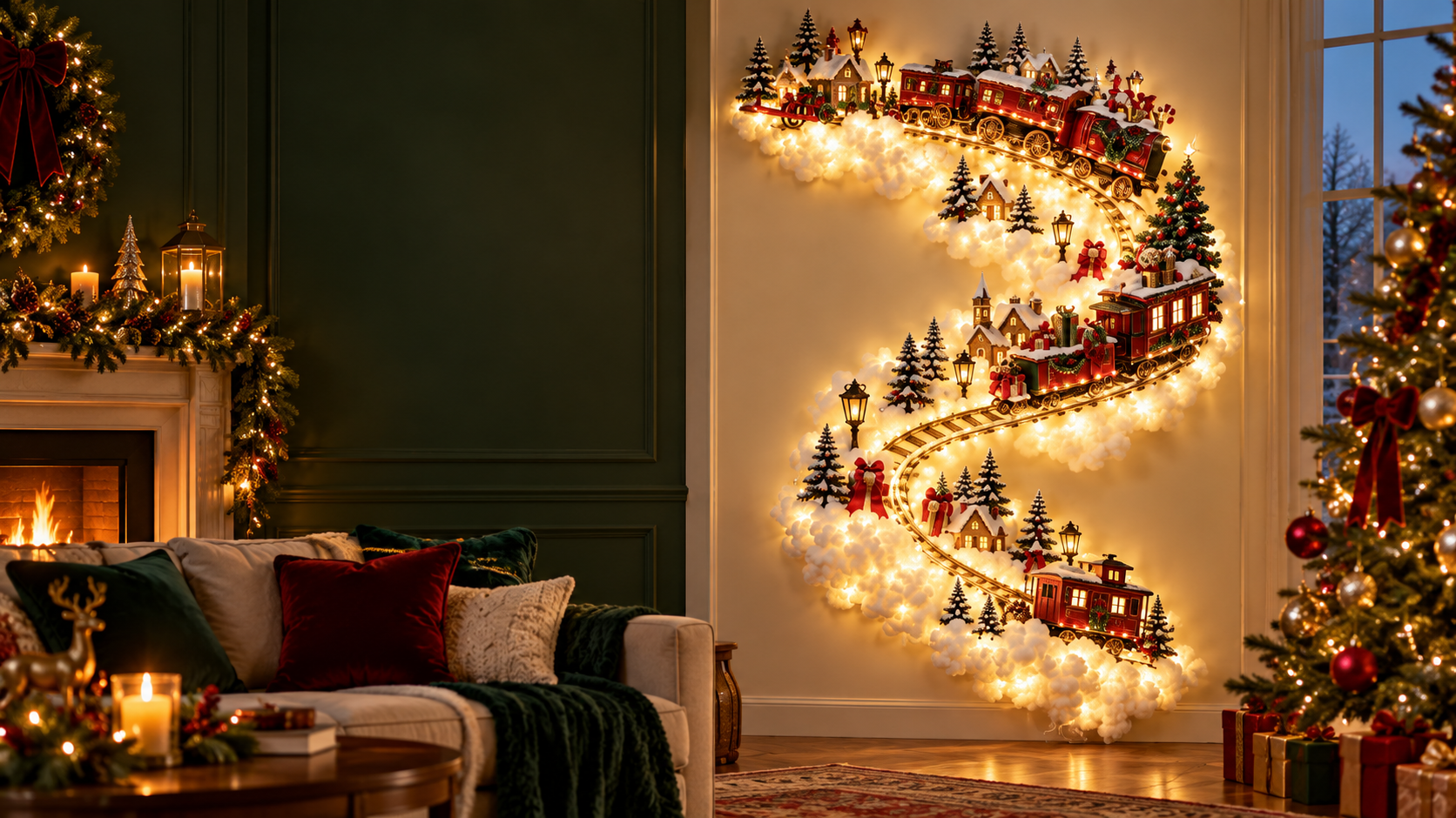 Christmas train light-up wall decor glowing in a cozy living room